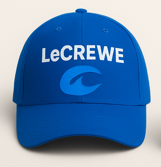 Blue cap and beanie with 'LeCREWE' branding on a light gray background