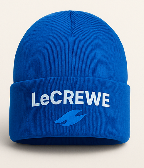 Blue cap and beanie with 'LeCREWE' branding on a light gray background